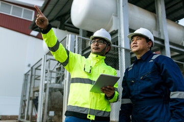 Two men are standing in front of a building, one of them pointing at a laptop. They are wearing safety gear and seem to be discussing something important