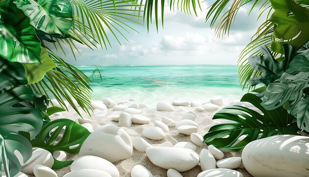 photo with a frame background depicting a tropical paradise with white stones and leaves