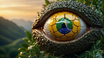 A soccer ball with the Brazilian flag is in the foreground, with an eye-like structure made of leaves in the background - Powered by Adobe