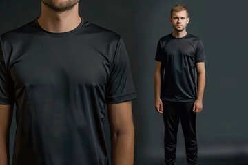 Obraz premium The man wore a plain black sports t-shirt. mockup t-shirt front view and back view