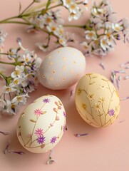 Fototapeta premium Three delicate white and yellow eggs with floral applications