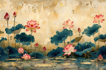 A lotus flower, Chinese embroidery, Su embroidery, boundary painting, large area beige background color,