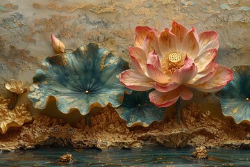 A lotus flower, Chinese embroidery, Su embroidery, boundary painting, large area beige background color,