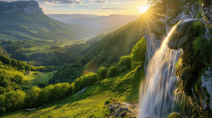 Sunlit waterfall over verdant hills and serene river at sunset in a breathtaking natural landscape