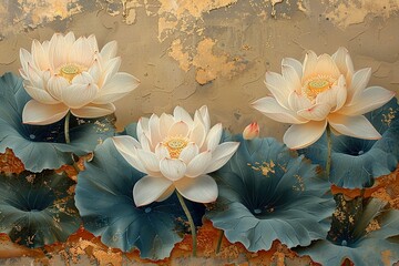 A lotus flower, Chinese embroidery, Su embroidery, boundary painting, large area beige background...