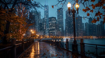 Vibrant Urban Cityscape at Dusk with Skyscrapers Reflected in Waterfront Walkway During Autumn Season