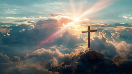 A spiritual Easter greeting card featuring the cross on Golgotha with rays of light piercing through clouds