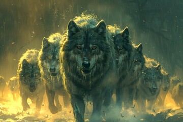 A pack of wolves or werewolves hunting Halloween digital art - obrazy, fototapety, plakaty