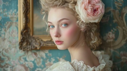 Woman in vintage lace dress, Rococo style, blonde curls adorned with rose. Blonde woman showcases elegant Rococo fashion with a voluminous hairdo and pink rose.