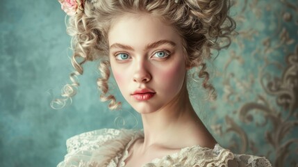 Woman in vintage lace dress, Rococo style, blonde curls adorned with rose. Blonde woman showcases elegant Rococo fashion with a voluminous hairdo and pink rose.