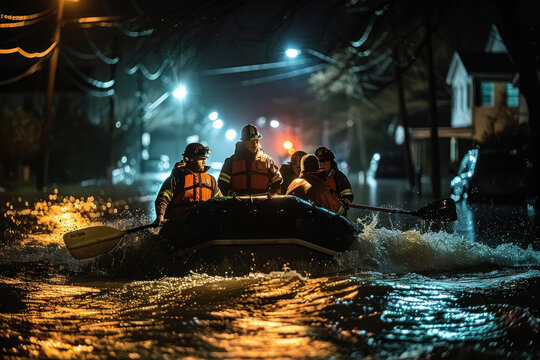 Rescue operation. Male rescuers sail a boat at night through the flooded old town during a flood