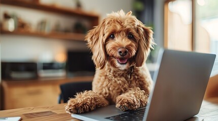 Dog playing computer Pet insurance plans including telehealth services accessible via remote work software tools, making veterinary advice available anywhere