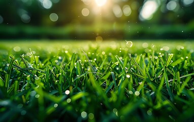 close-up photo of lush green grass on a sports field. Focus on the vibrant green color and the...