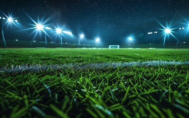 photo of a soccer stadium grass field at night. Capture the lush green grass under the stadium lights