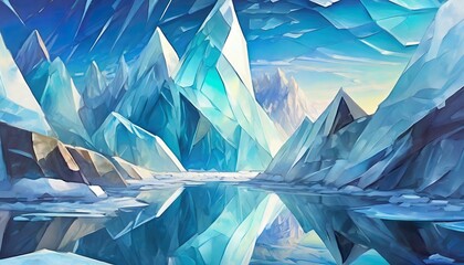 Visualize a crystalline structure resembling an ice cave with sharp, angular facets - obrazy, fototapety, plakaty
