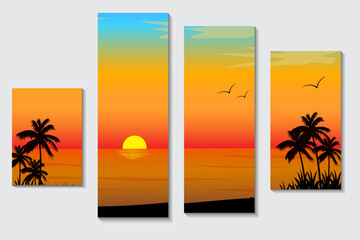 Wall art vector abstract background design, tropical beach sunset landscape, sunset, bright orange color, ocean background