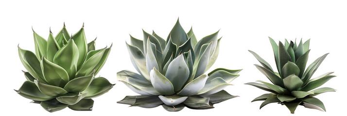 set of agave plants, with sculptural forms, isolated on transparent background