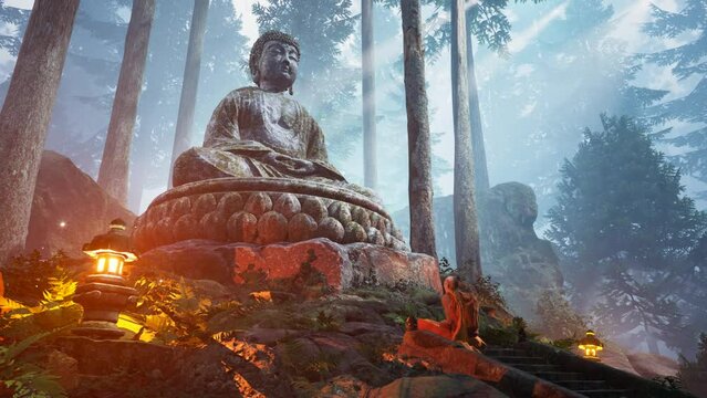 A Buddhist monk prays near at ancient Buddha statua