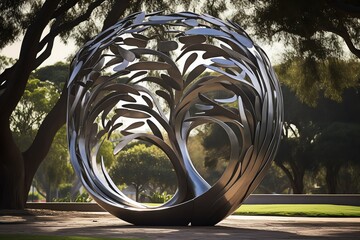 Sculpture of the Tree of Life in abstract formintertwining metal branches symbolizing resilience and continuityplaced in a serene park.