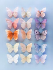 Group of beautiful colorful butterflies standing on blue background.
