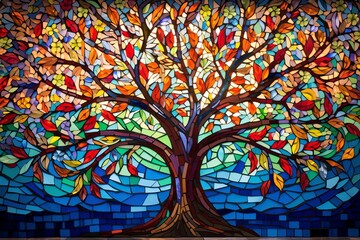 Mosaic of the Tree of Life crafted with intricatecolorful tilesdepicting a sprawling tree with roots and branches interwoven.