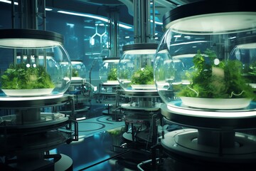 Sci-fi laboratory with glass biospheres