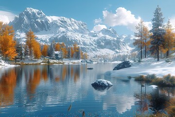 Autumn snowy winter mountains in the alpes. Alpes on the back pine trees in font, small lake, all in hyper real 3d digital look like rendered in redshift.