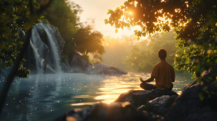 A man practicing mindfulness and meditation or yoga in a beautiful nature