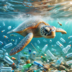 A water turtle swimming in the sea among plastic bags and bottles