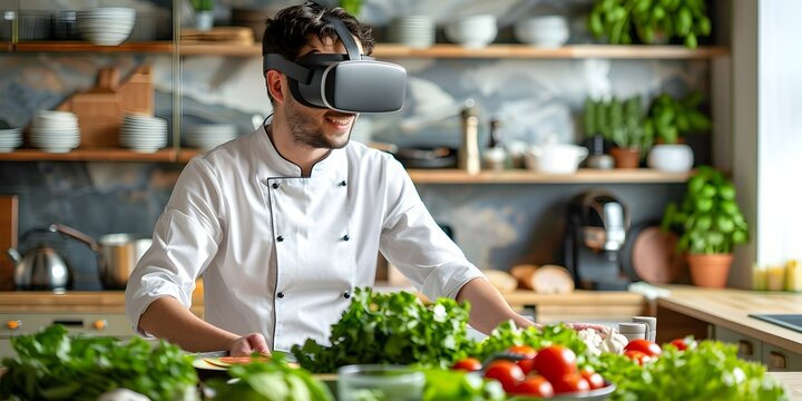 Young Man Using Virtual Reality Goggles to Learn Gourmet Cooking from a Guided Chef in a Kitchen Setting with Fresh Ingredients and Culinary Equipment