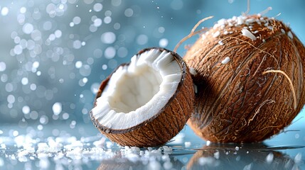   A close-up of a coconut with bites taken from both halves - obrazy, fototapety, plakaty