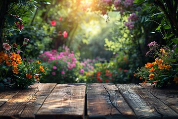 Beautiful garden background with table and copy space