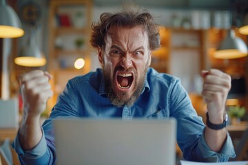An angry man with brown hair and beard sitting at his laptop, screaming in anger in the style of stock photo, bright office background, wearing a blue shirt, holding up two fingers on one hand. 