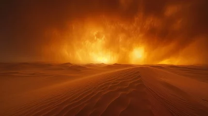 Foto op Plexiglas Donkerrood 6. Sunset Over Sandstorm: The sun setting on the horizon, casting a golden hue over a desert landscape engulfed in a swirling sandstorm, creating a mesmerizing and atmospheric scen