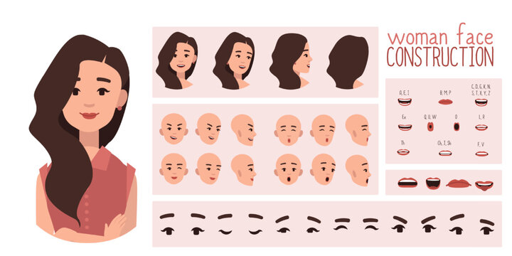 Business woman avatar creation  suitable for animation. Generator, constructor of diverse views of eyes, lips, emotion expressions mouth animation and lip sync. Girl character face construction. 