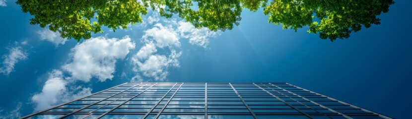 A tall glass building with green trees growing on the side, reflecting the blue sky and white...