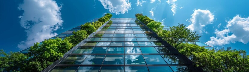 A tall glass building with green trees growing on the side, reflecting the blue sky and white clouds. The architecture is modern and sleek, with large windows that allow for panoramics