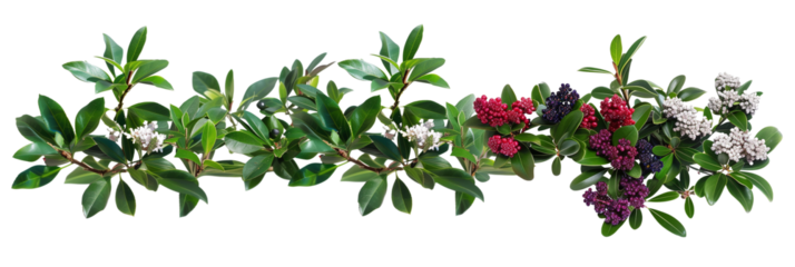 set of Daphne shrubs, with toxic berries, isolated on transparent background