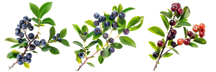 set of huckleberry bushes, fruit-laden, isolated on transparent background