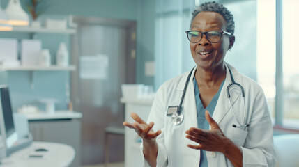 Portrait confident female doctor in hospital room