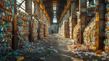 A wide-angle shot of an industrial warehouse filled with towering piles and bales of various types...