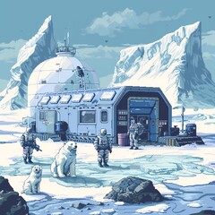 An arctic pixel art research station with scientists and polar bears.