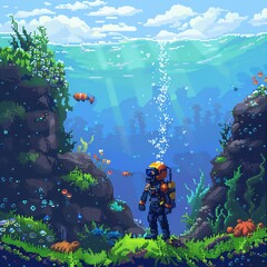 An underwater pixel art adventure with divers and sea creatures.
