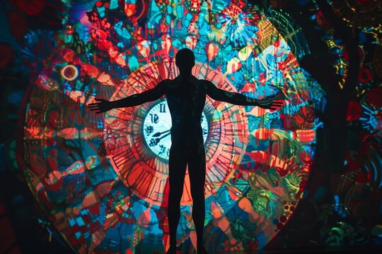 Brightly colored light projected on a man's body in front of a clock