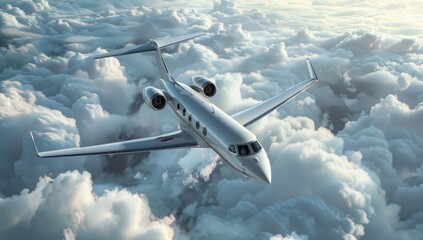 A sleek business jet soaring above the clouds, showcasing its modern design and advanced...