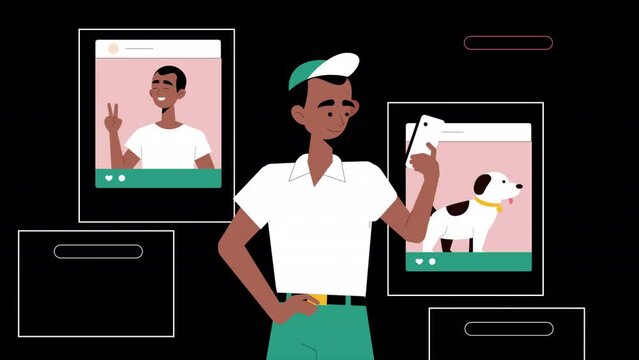  Influencer Young Boy Surfing On Social Media Platforms 2D Animation on Alpha Channel