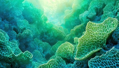 Illustrate a geometric background where crystalline structures mimic underwater coral formations - obrazy, fototapety, plakaty