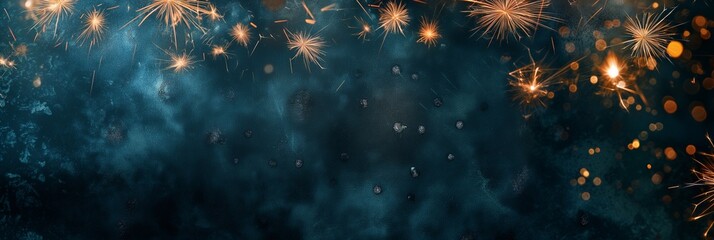 Silvester Festival Party New Year Fireworks background banner panorama - firework and sparklers on rustic dark blue night sky texture  - obrazy, fototapety, plakaty