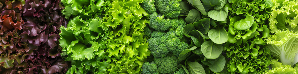 Assorted fresh vegetables include green and purple lettuce, broccoli floret, and spinach arranged in a healthy panoramic food background. Top view.