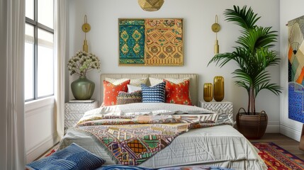 Eclectic Bohemian bedroom with a focus on detailed gold accents paired with vividly patterned textiles on a white canvas, capturing a bold and artistic decorative style